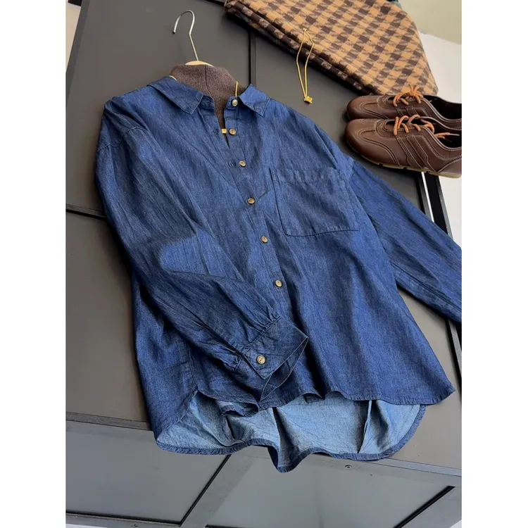 法式复古蓝色牛仔衬衫外套女春秋小个子休闲宽松衬衣外搭开衫上衣