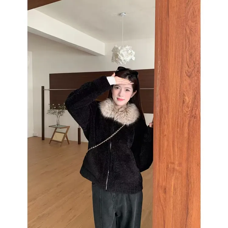 【北海道】加长定染毛领小颗粒羊羔羔毛外套 25457