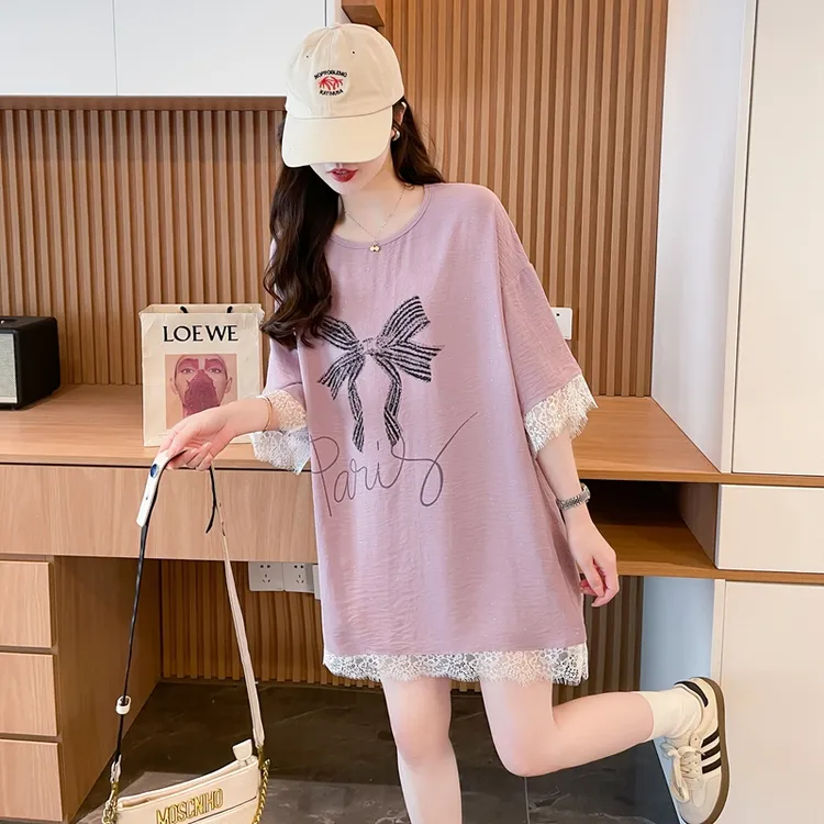 蕾丝拼接短袖T恤女夏季爆款韩版宽松oversize设计假两件减龄上衣