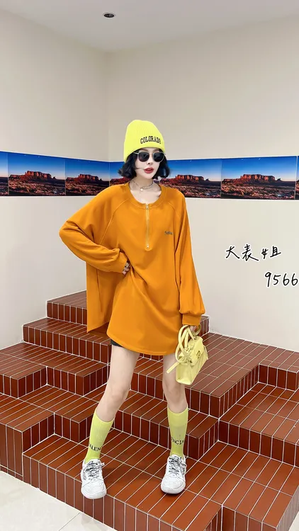 9566特大码胖mm圆领半拉链长袖T恤女宽松中长款上衣遮肚打底衫