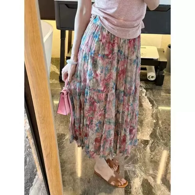 法式温柔褶皱温柔甜美垂感中长款高腰气质显瘦早秋碎花半身裙