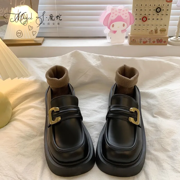 【万达撤柜】一脚蹬厚底增高小皮鞋女春秋季年百搭复古英伦风乐福鞋