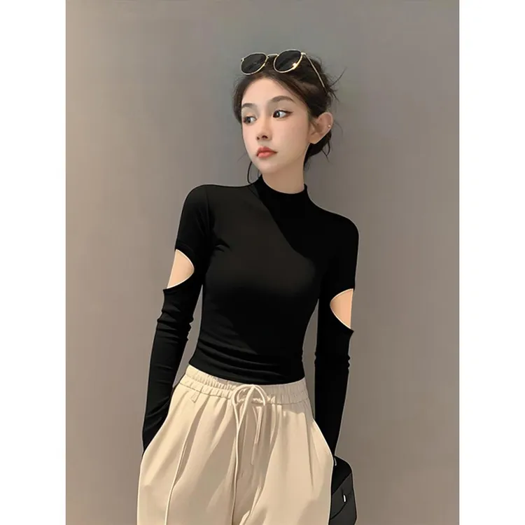 VOCKOO2025新款春秋咖色小高领长袖打底衫女内搭紧身露脐长款针织