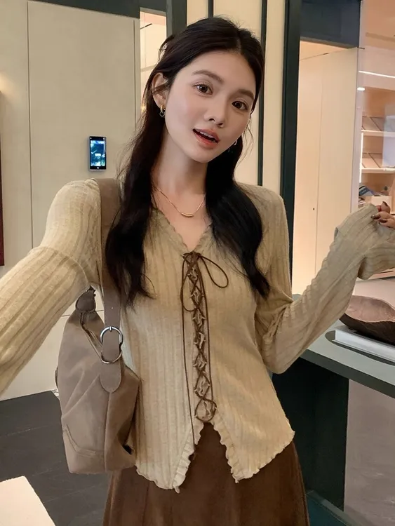 韩系温柔风系带长袖针织衫女秋季新款设计感时尚百搭显瘦别致上衣