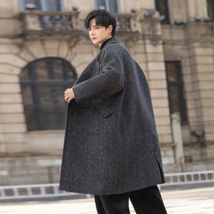 宽松型西装领冬季中长款毛呢大衣男装帅气外套呢大衣大码男士休闲