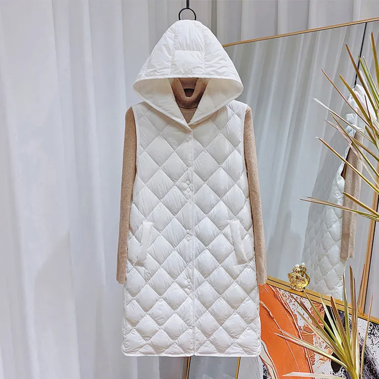 带帽中长马甲棉服内胆女士秋冬外搭叠穿菱格坎肩棉外套轻薄款棉衣