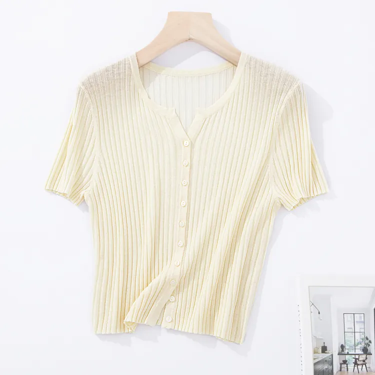 夏季天丝亚麻针织短袖开衫女短款剪刀v领针织小衫显瘦短款上衣薄