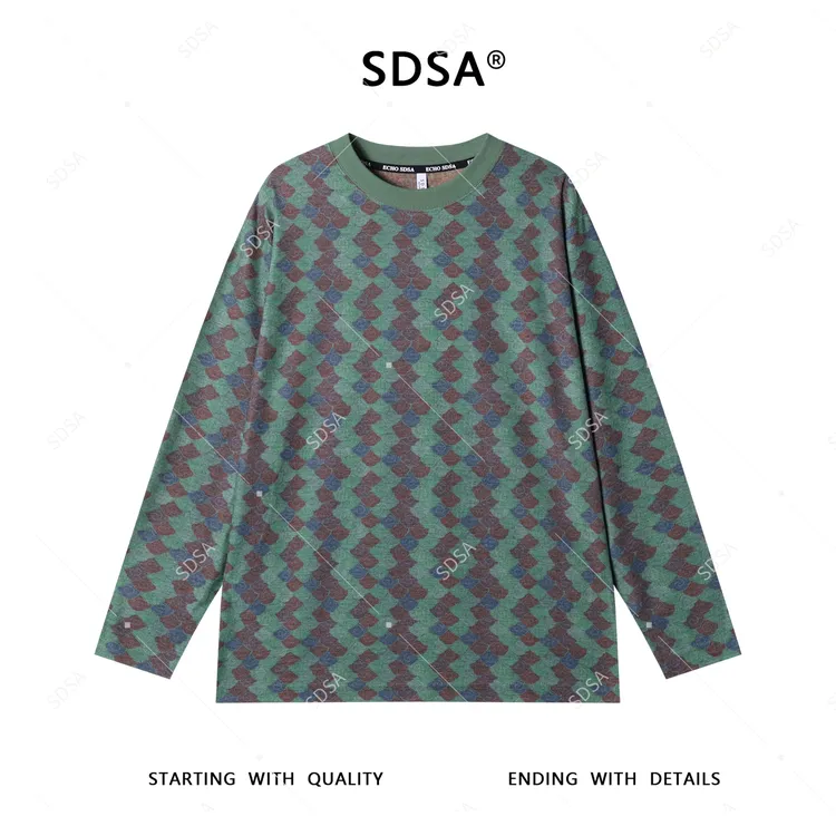SDSA秋季新款男士痞帅美式不规则色块圆领长袖T恤小众设计高级感