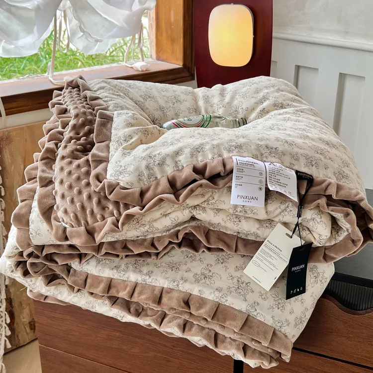 纯棉双层纱春秋被豆豆绒韩式碎花被芯加厚冬被保暖单人被子可机洗