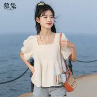 慕兔法式方领泡泡袖上衣女2025夏季新款别致设计感小众慵懒风衬衫