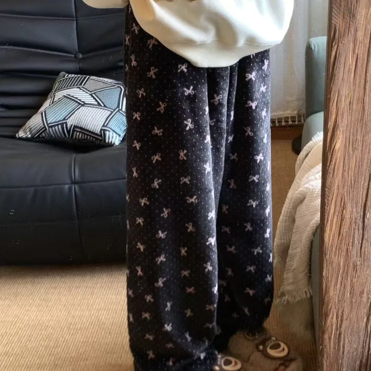 毛绒长裤女生法兰绒睡裤秋冬保暖居家裤学生甜美蝴蝶结遛弯睡裤