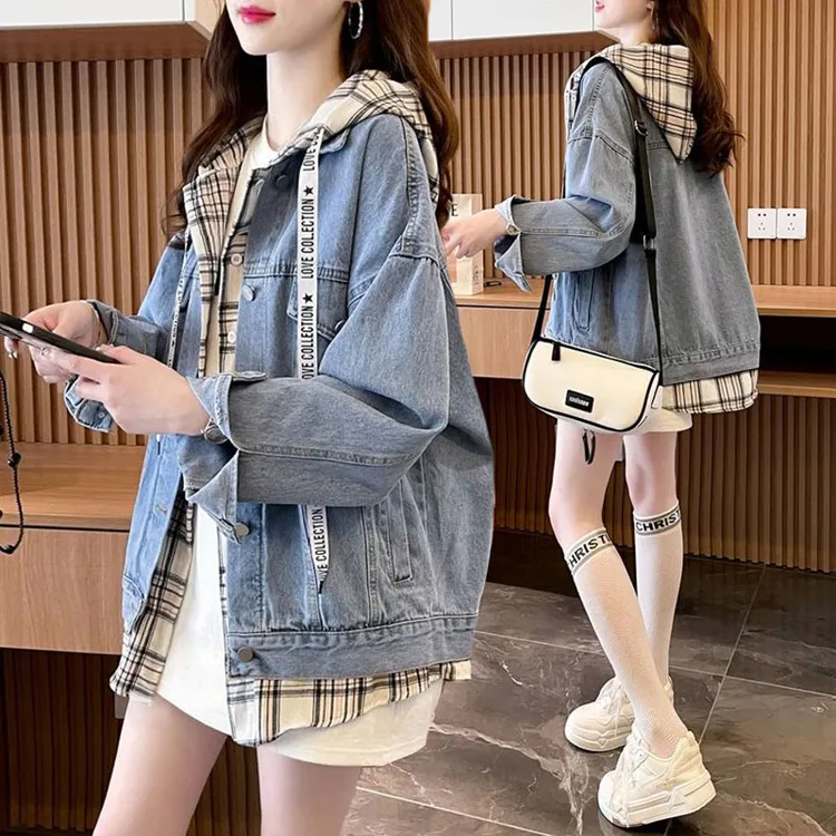 设计感连帽牛仔外套女春秋季2025新款宽松韩版薄款开衫假两件上衣
