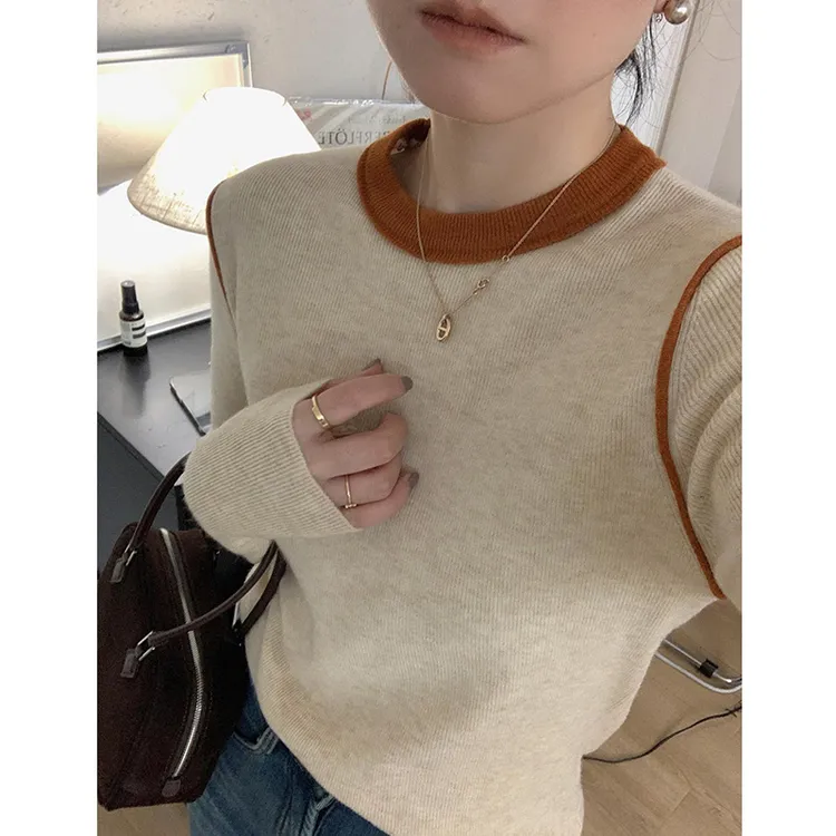 3376撞色圆领针织上衣女修身设计感内搭毛针织衫百搭打底小衫