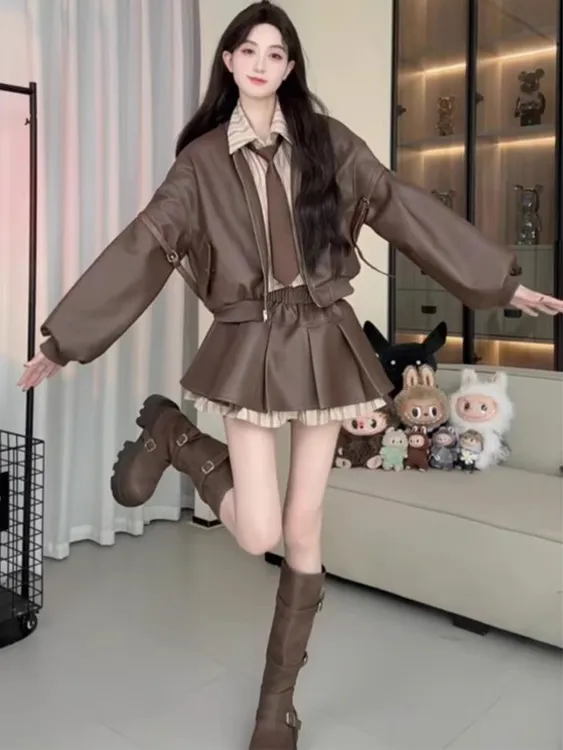 高级感巨好看的套装女秋季皮衣夹克外套百褶半身裙显瘦气质两件套