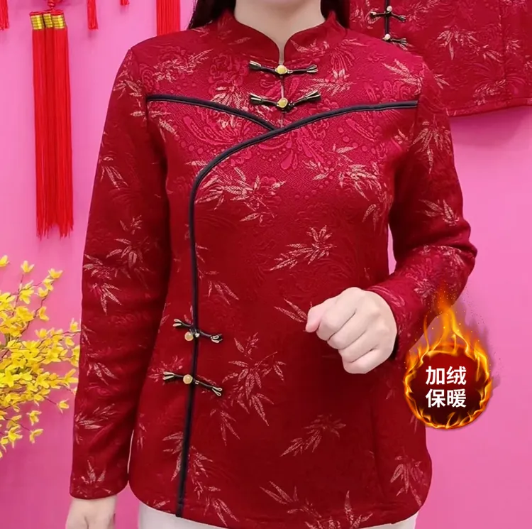 2025年冬季国风印花中年女士立领套头上衣复古潮流风盘扣保暖打底