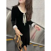 WenWen小个子气质韩版丝绒拼接蕾丝花边系带连衣裙显瘦裙子4434