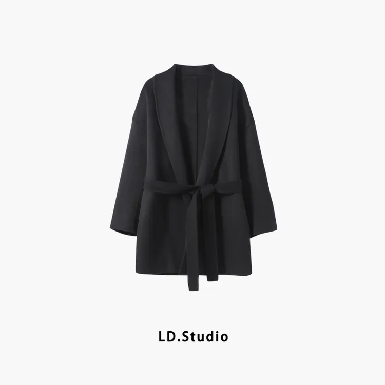 韩版高端秋冬季浴袍款翻领双面黑色羊毛大衣女宽松中长款毛呢外套