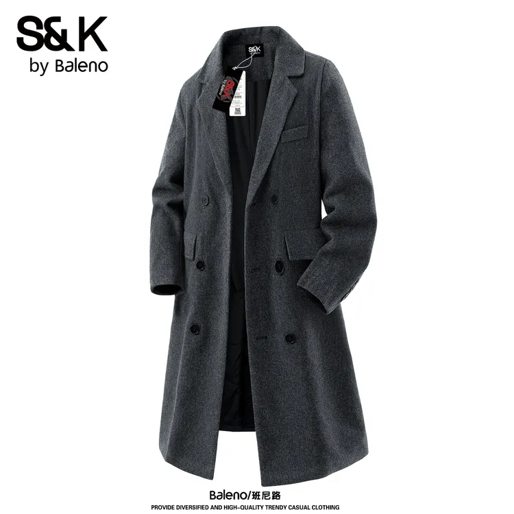 Baleno/班尼路高级感羊毛呢大衣男士冬季保暖翻领宽松中长款外套