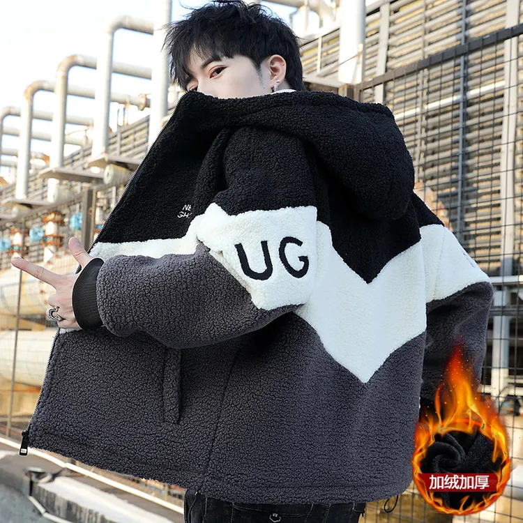 设计感拼色连帽羊羔绒外套男款秋冬潮流宽松青少年颗粒绒棉衣棉袄