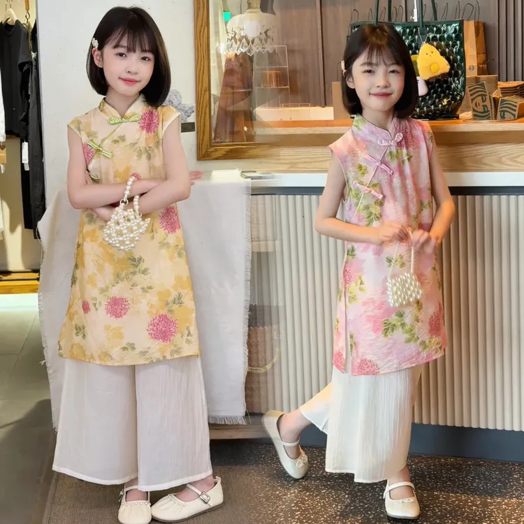 女童国风套装2025新款儿童汉服两件套裙夏季中大童旗袍裙阔腿裤子