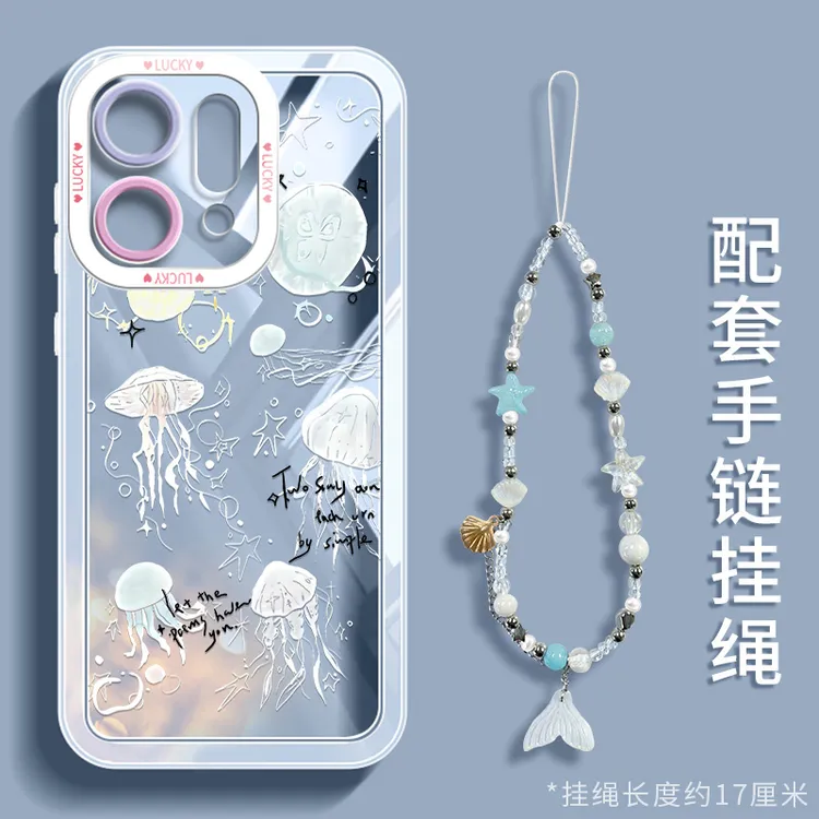 蓝色人鱼姬手链适用opporeno14手机壳reno14pro新款超薄13带挂绳
