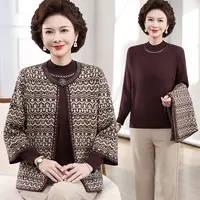 中老年人女妈妈秋冬装新款针织开衫两件套装洋气时尚上衣毛衣外套