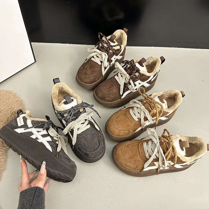 复古德训鞋加绒板鞋女2025新款秋冬系带厚底休闲运动鞋保暖棉鞋子