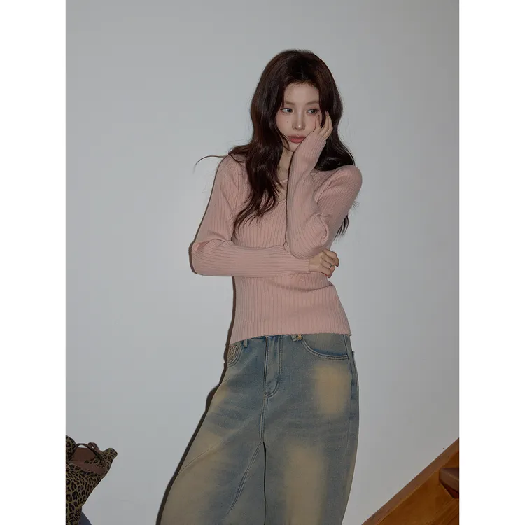 【吵吵家】V领粉色内搭打底衫女2025冬休闲气质针织衫修身毛衫上衣