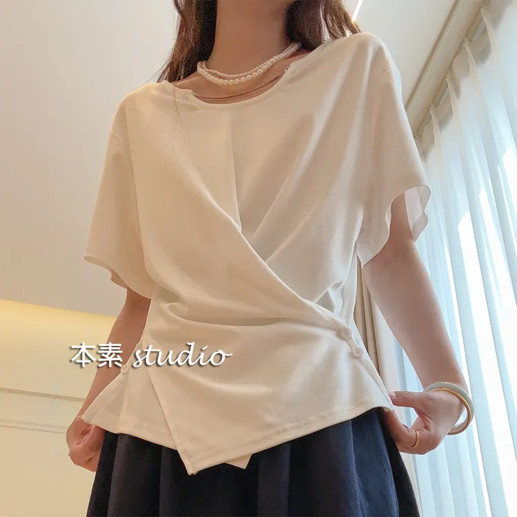 不规则T C4362链条纽扣不规则下摆圆领短袖T恤