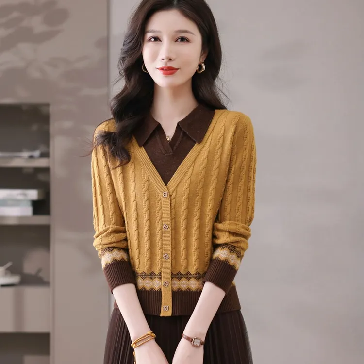 春秋短款翻领毛衣气质显瘦套头长袖百搭洋气宽松假两件针织衫时尚