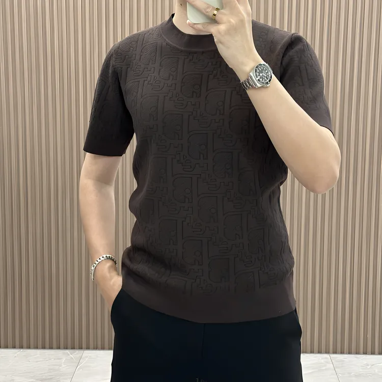 2025春夏季男士轻奢短袖针织衫时尚潮流休闲修身提花圆领打底毛衣