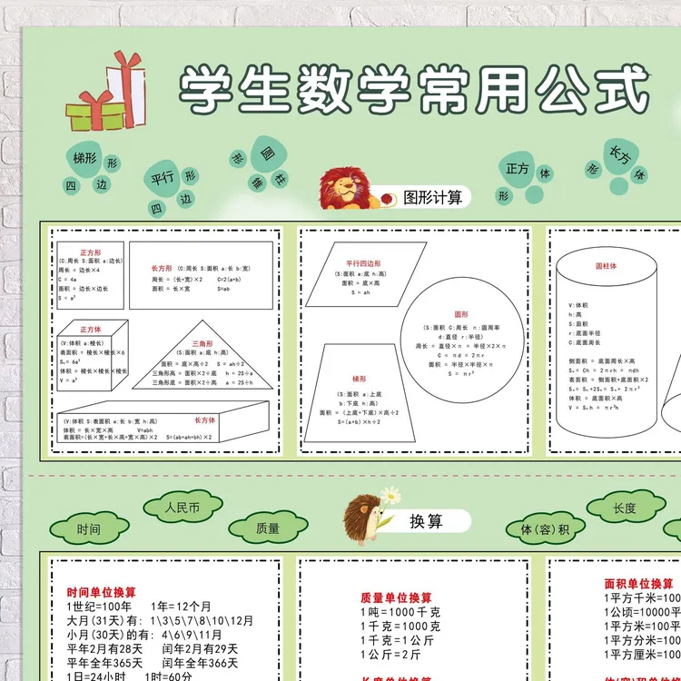 【老师推荐】小学常用数学公式大全常用知识点单位换算几何公式挂图商品图