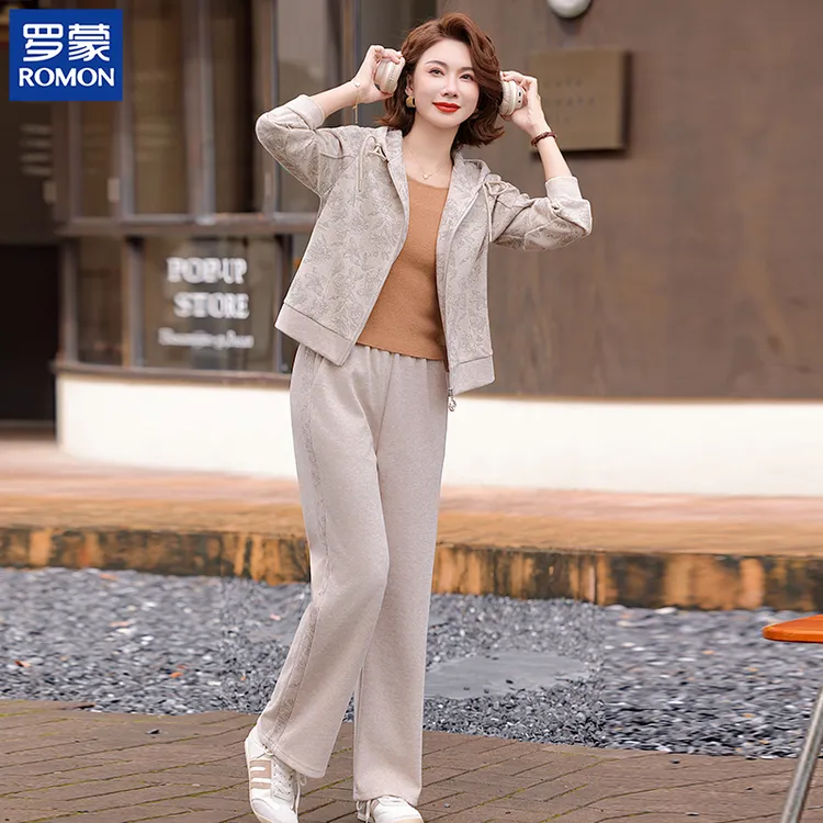 罗蒙妈妈装秋季减龄两件套2025新款中年时尚外套中老年女休闲套装