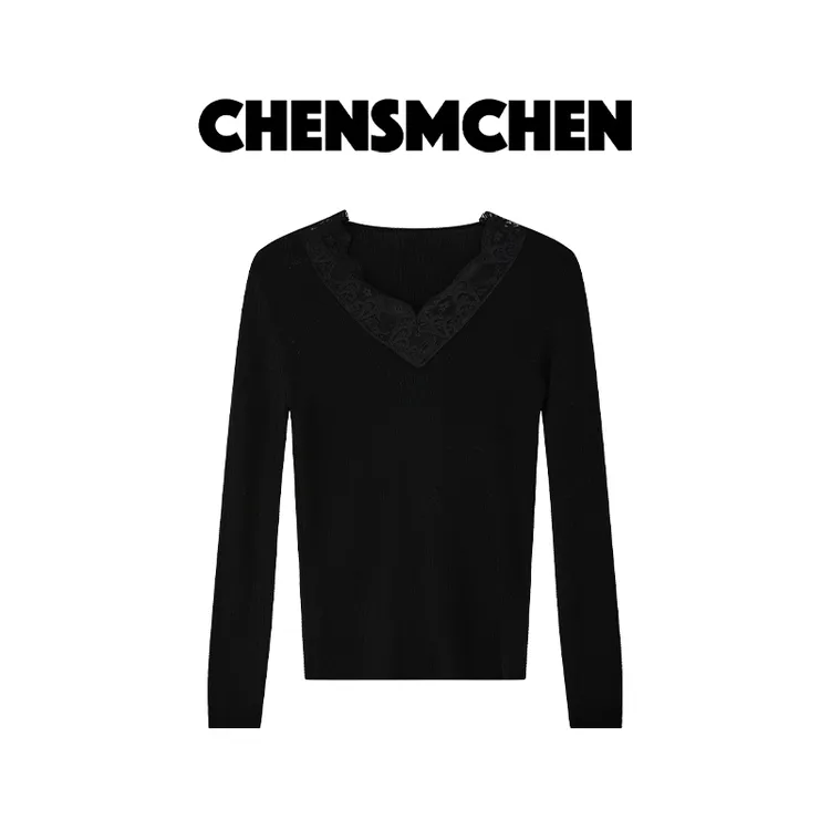 CHENSMCHEN 绵羊毛蕾丝拼接V领针织衫女时尚百搭打底衫CSZ7530TT
