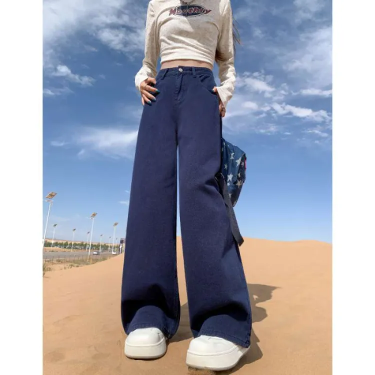 深蓝色高腰复古直筒牛仔裤女2025秋季新款休闲宽松显瘦垂感阔腿裤
