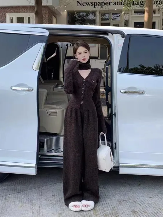 新款秋冬慵懒风长袖外套围巾长裤三件套高腰韩版休闲风时尚套装