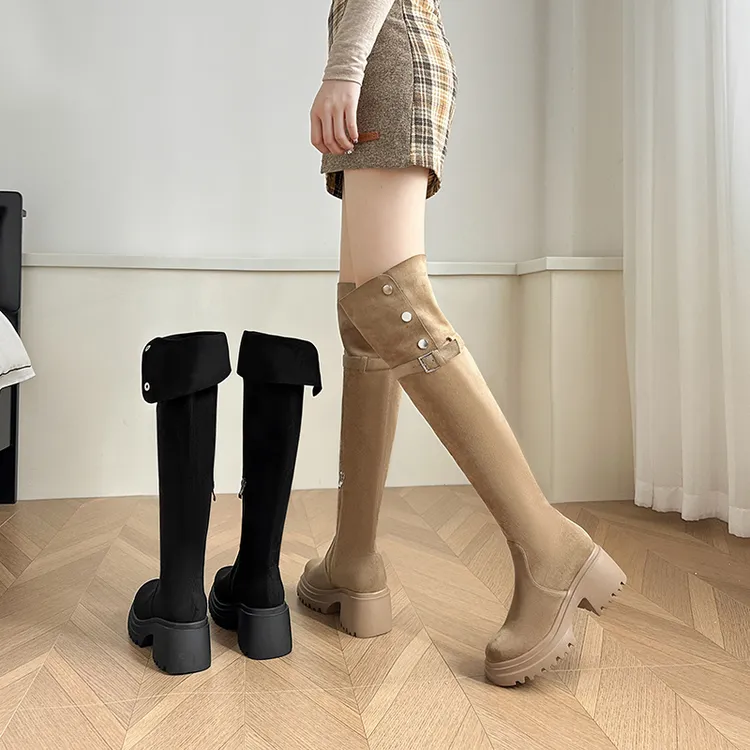 胖mm加宽两穿过膝靴厚底长筒靴女2025新款秋冬绒面长靴高筒骑士靴