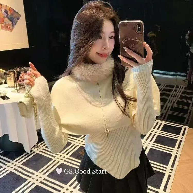 双拉链可拆毛领斗篷披肩女秋冬时尚套装白色长袖针织衫上衣三件套