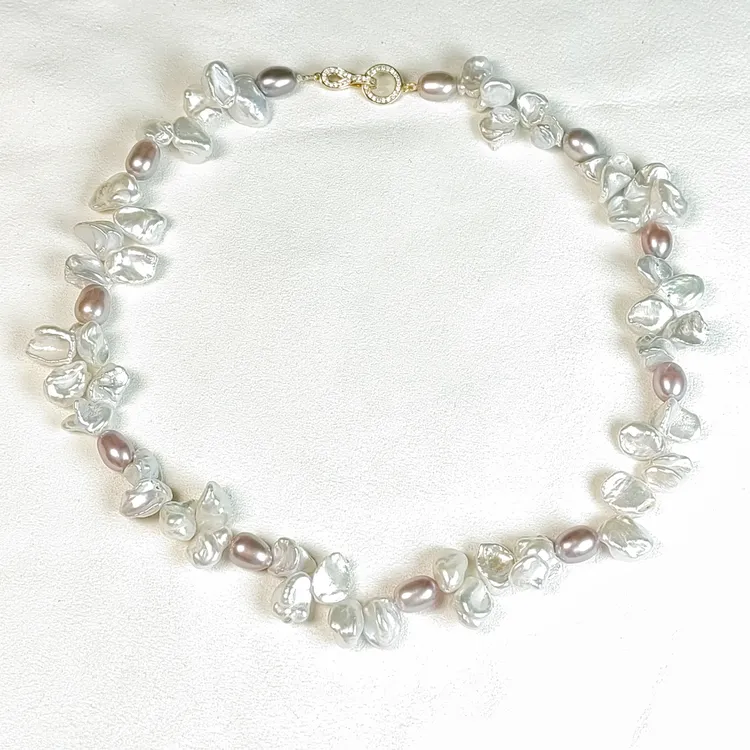 天然淡水珍珠花瓣珠设计师款项链时尚百搭气质极光炫彩紫珠7-8mm