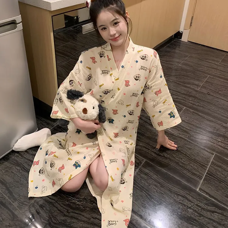 蜡笔小新睡衣女夏薄款纯棉纱布新款日系睡裙睡袍中长款大码家居服