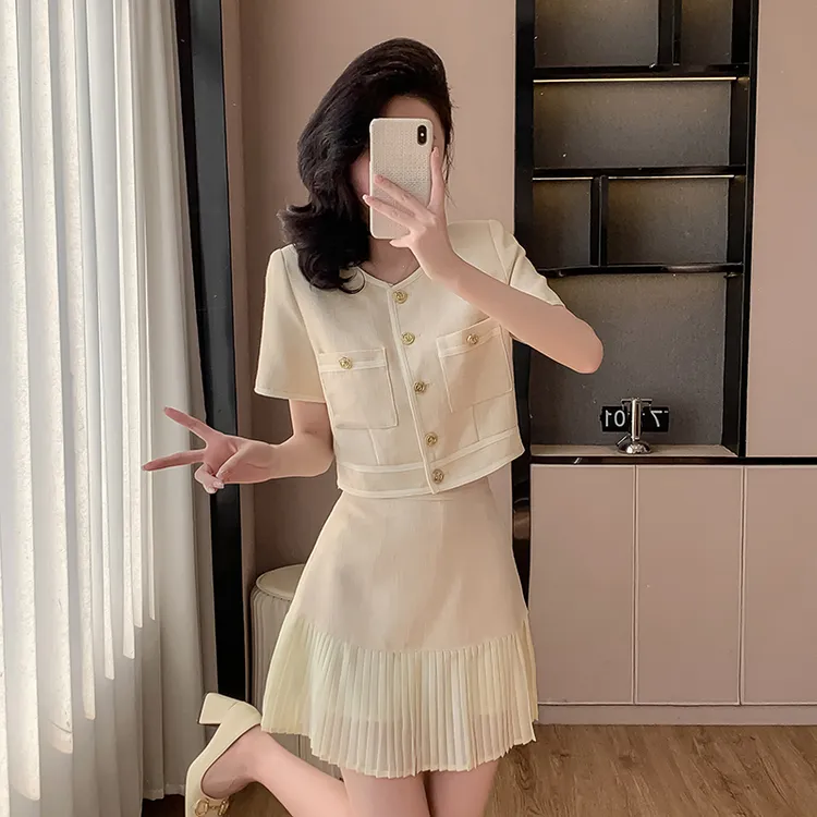 短袖小香风感套装裙女2025夏季新款时尚雪纺拼接半身裙两件套裙装