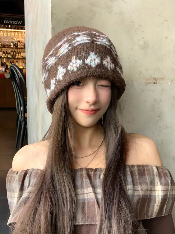 韩系复古提花针织包头帽女秋冬2025新款保暖时尚冷帽显脸小毛线帽