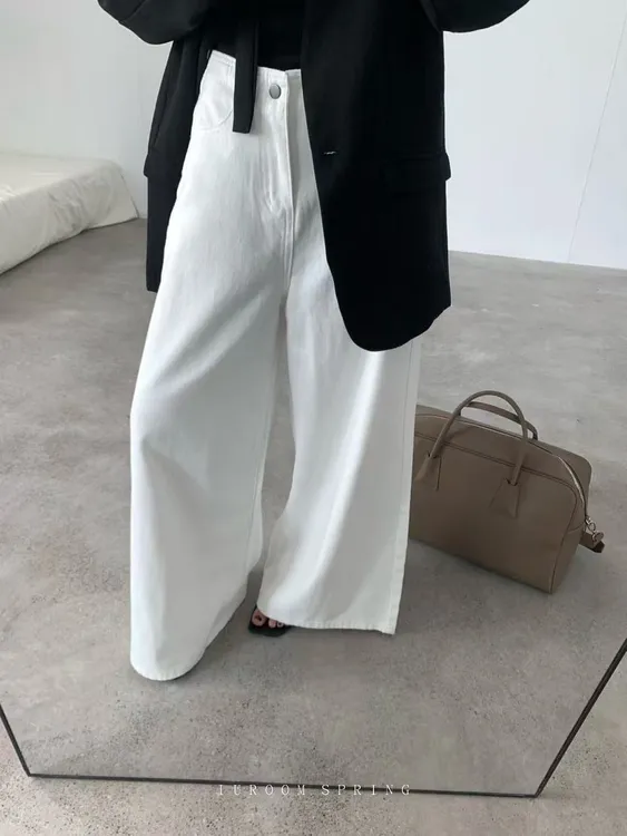 韩系高腰白色阔腿休闲裤气质百搭显瘦设计感裤子