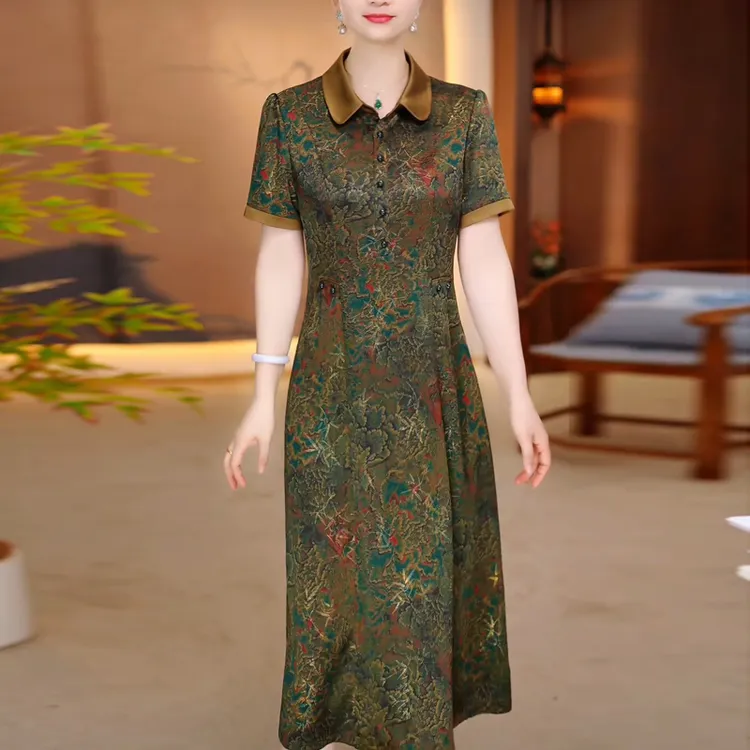 冰丝缎连衣裙2025夏季新款大码女装时尚气质减龄显瘦新中式连衣裙