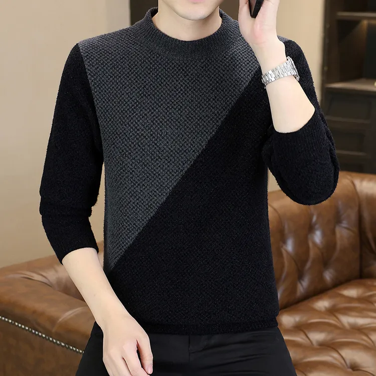 高档圆领撞色拼接加厚毛衣男士冬季时尚潮流针织打底衫男装6662