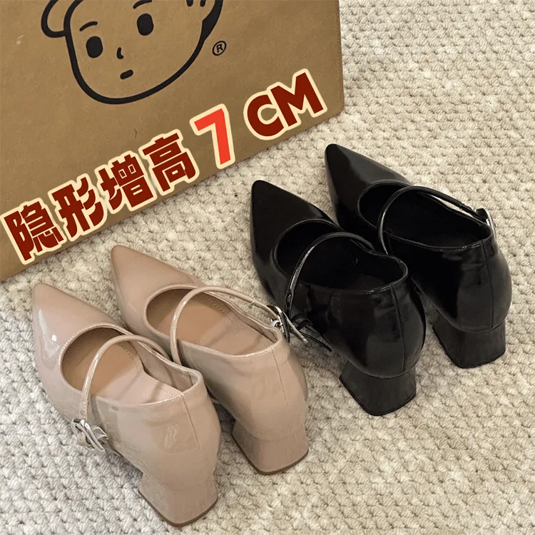 内增高7cm法式尖头气质通勤单鞋女粗跟不累脚一字扣带玛丽珍鞋女