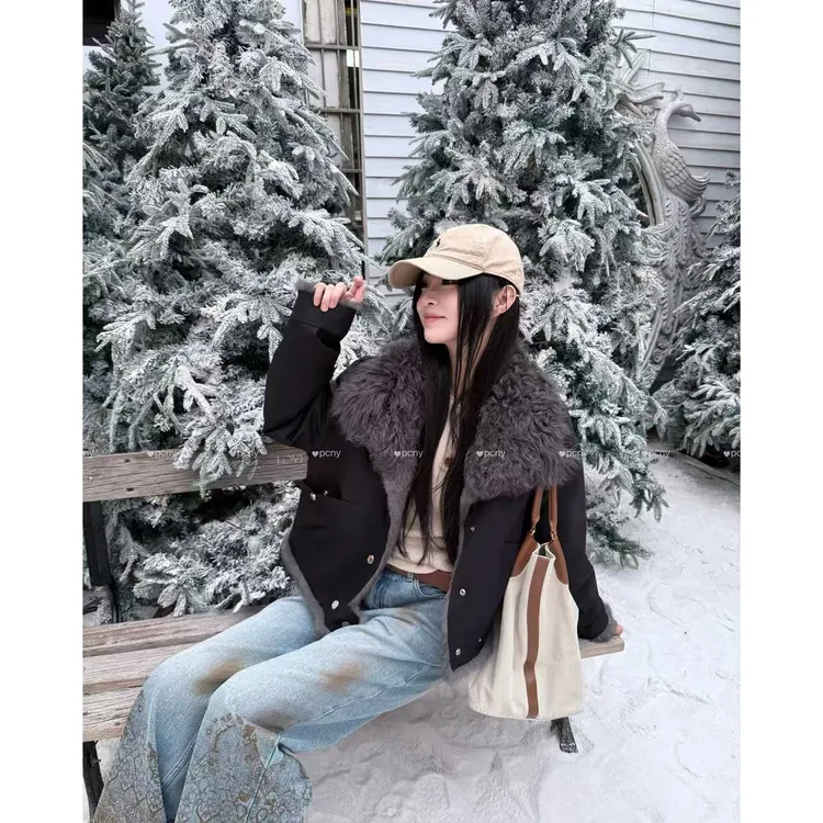 PCNY「暖裘双影」不理理冬季新款女装托斯卡纳羊毛安哥拉獭兔毛皮草