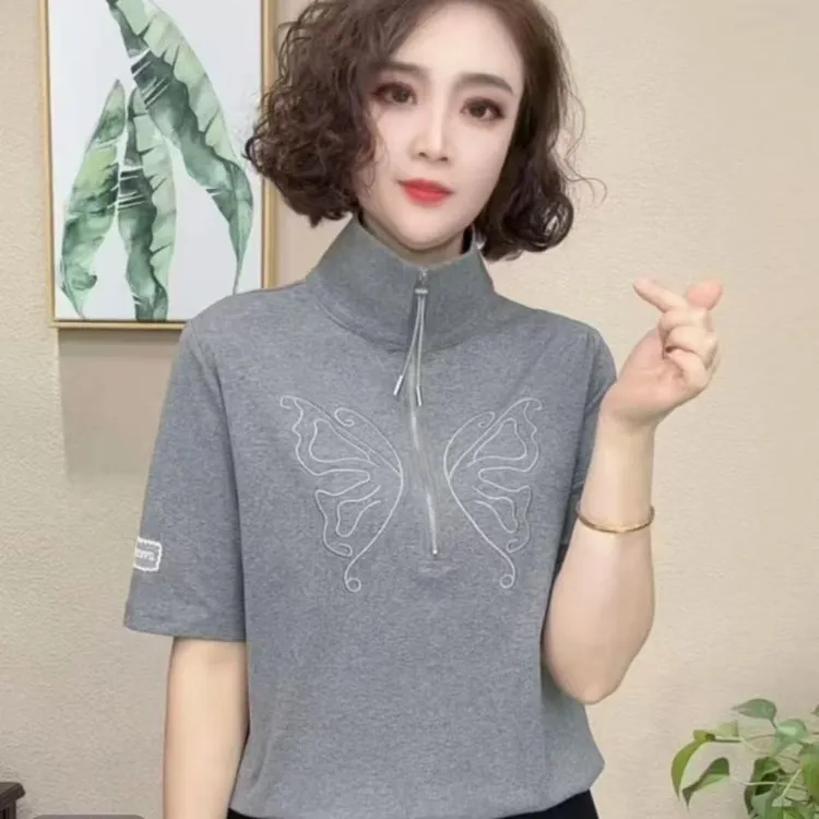 洋气半拉链立领短袖上衣女夏季新款H时尚妈妈装休闲减龄显瘦T恤