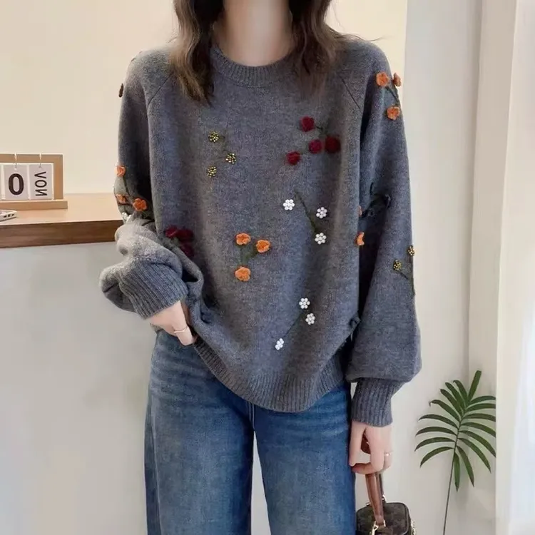 100%全羊毛手工串珠片重工提花长袖羊毛衫百搭网红圆领休闲风上衣