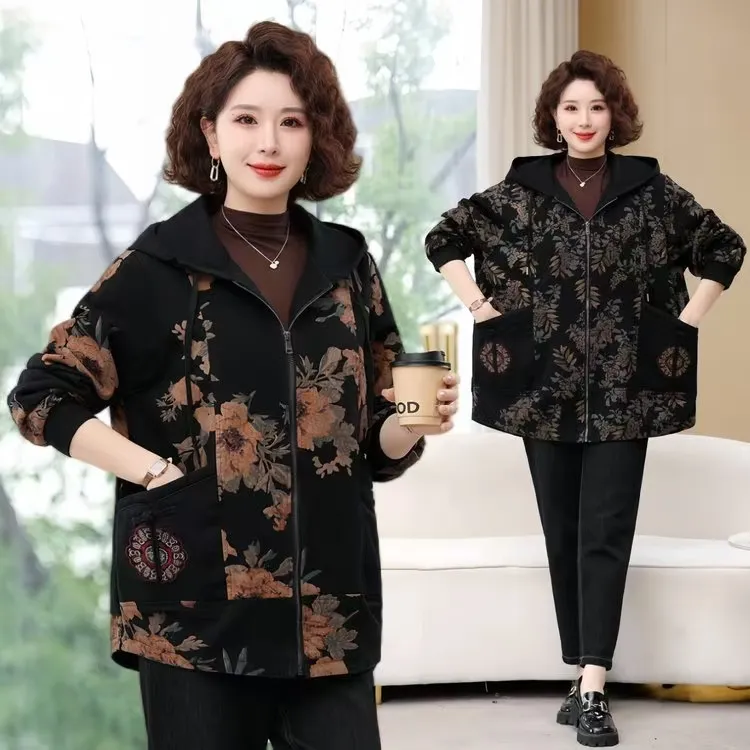 大码时尚宽松中老年连帽外套春秋气质女装中长款洋气百搭休闲风衣